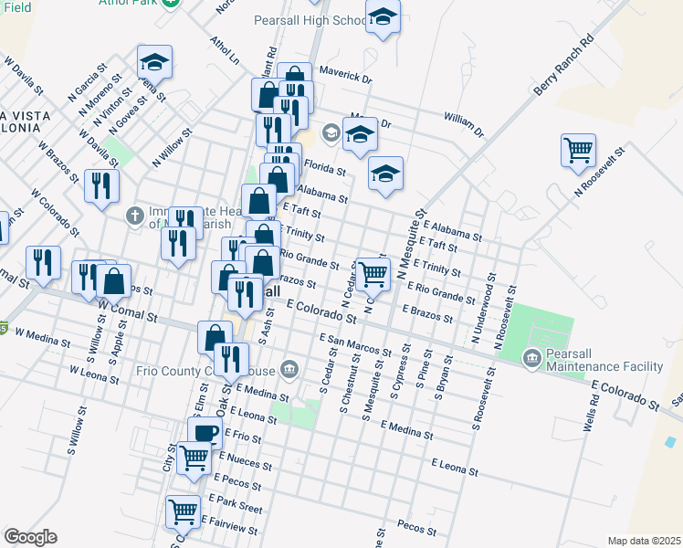 map of restaurants, bars, coffee shops, grocery stores, and more near 604 East Rio Grande Street in Pearsall