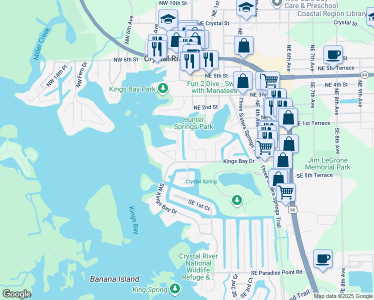 map of restaurants, bars, coffee shops, grocery stores, and more near 65 Beach Lane in Crystal River