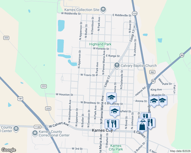 map of restaurants, bars, coffee shops, grocery stores, and more near 804 North Davidson Street in Karnes City
