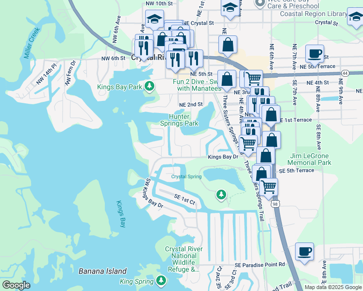 map of restaurants, bars, coffee shops, grocery stores, and more near 66 Beach Lane in Crystal River
