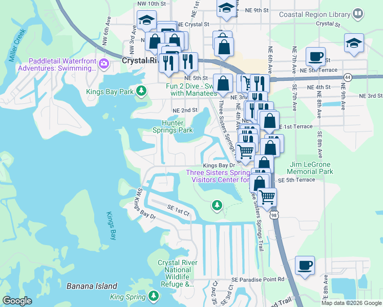 map of restaurants, bars, coffee shops, grocery stores, and more near 204 Southeast 2nd Avenue in Crystal River