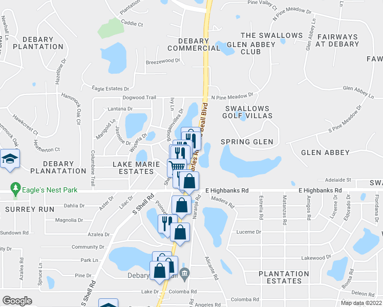 map of restaurants, bars, coffee shops, grocery stores, and more near 58 North Charles Richard Beall Boulevard in DeBary