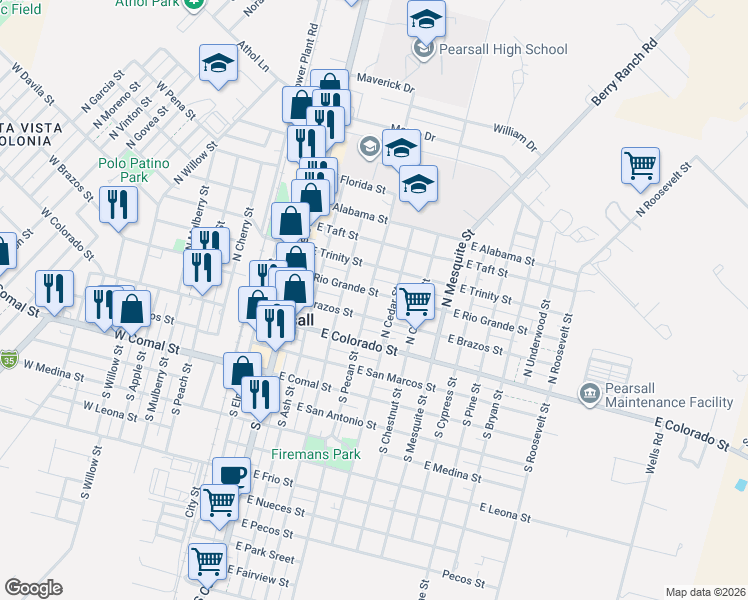 map of restaurants, bars, coffee shops, grocery stores, and more near 604 East Rio Grande Street in Pearsall