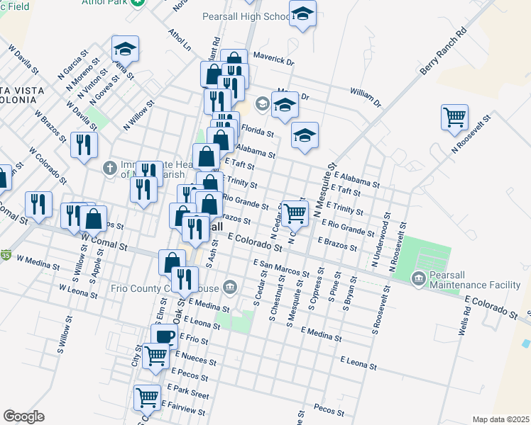 map of restaurants, bars, coffee shops, grocery stores, and more near 604 East Rio Grande Street in Pearsall