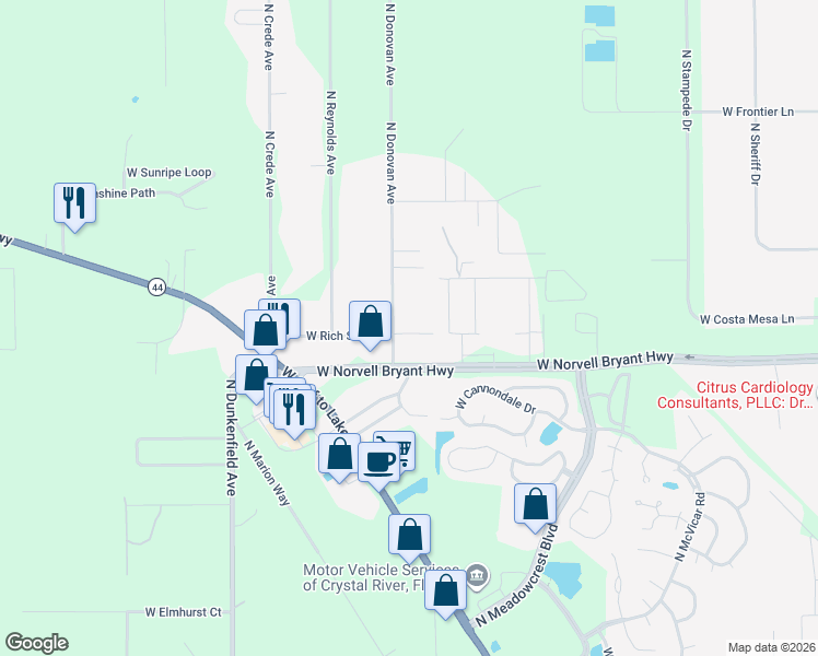 map of restaurants, bars, coffee shops, grocery stores, and more near 6565 West Rich Street in Crystal River