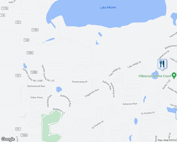 map of restaurants, bars, coffee shops, grocery stores, and more near 1791 Pennecamp Drive in The Villages
