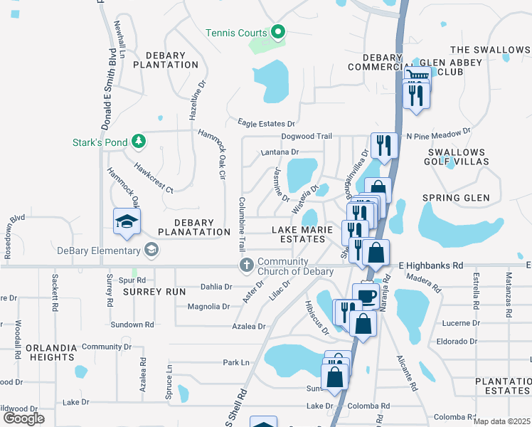 map of restaurants, bars, coffee shops, grocery stores, and more near 40 Periwinkle Drive in DeBary