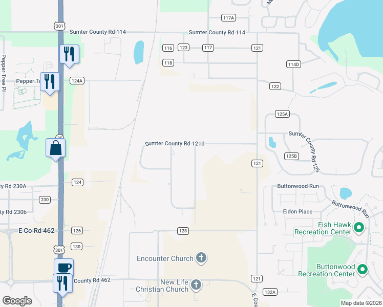 map of restaurants, bars, coffee shops, grocery stores, and more near 9280 County Road 128C in Wildwood