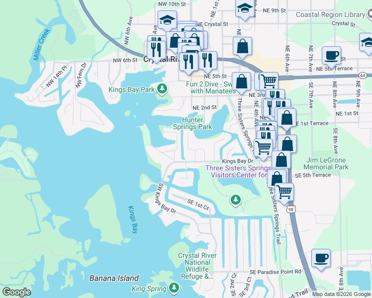map of restaurants, bars, coffee shops, grocery stores, and more near 65 Beach Lane in Crystal River