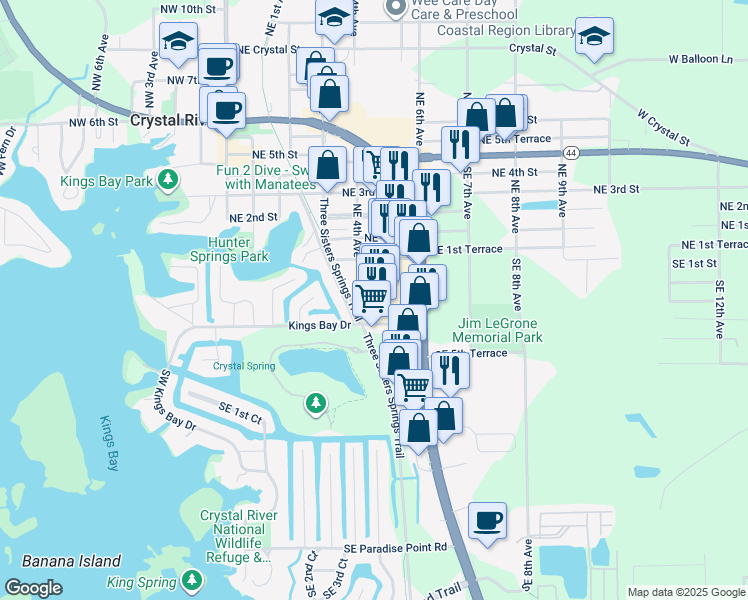 map of restaurants, bars, coffee shops, grocery stores, and more near 423 Southeast Kings Bay Drive in Crystal River
