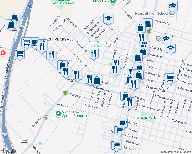 map of restaurants, bars, coffee shops, grocery stores, and more near 124 South Willow Street in Pearsall