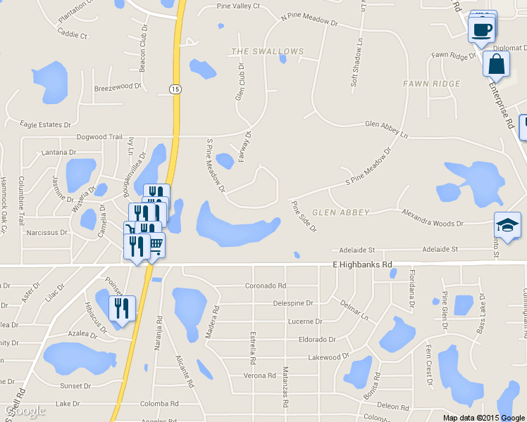 map of restaurants, bars, coffee shops, grocery stores, and more near 73 Spring Glen Drive in DeBary