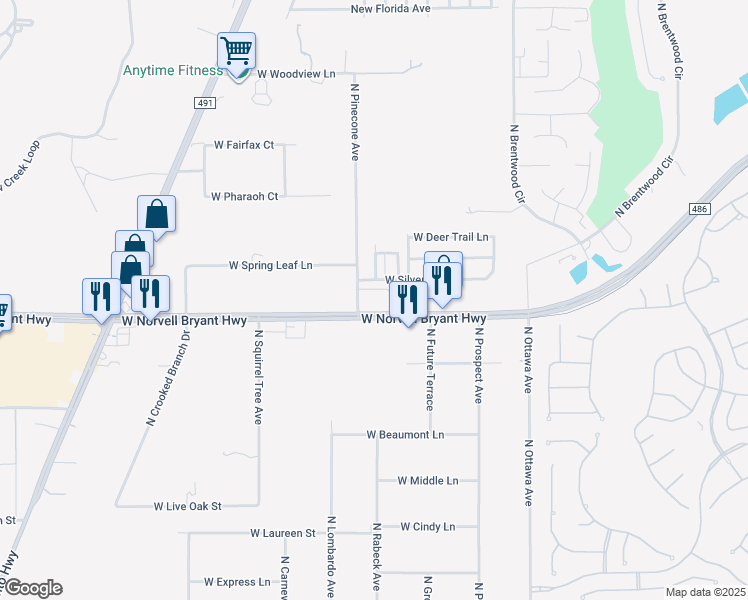 map of restaurants, bars, coffee shops, grocery stores, and more near 2341 West Norvell Bryant Highway in Lecanto