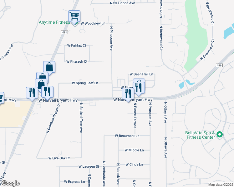 map of restaurants, bars, coffee shops, grocery stores, and more near 2341 West Norvell Bryant Highway in Lecanto