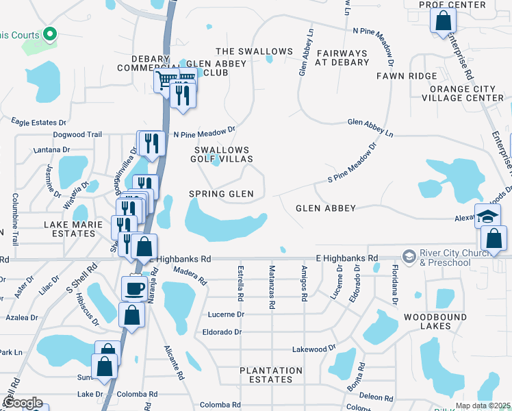 map of restaurants, bars, coffee shops, grocery stores, and more near 73 Spring Glen Drive in DeBary