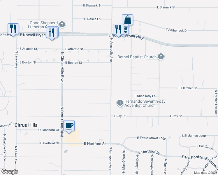 map of restaurants, bars, coffee shops, grocery stores, and more near 825 East Dakota Court in Hernando