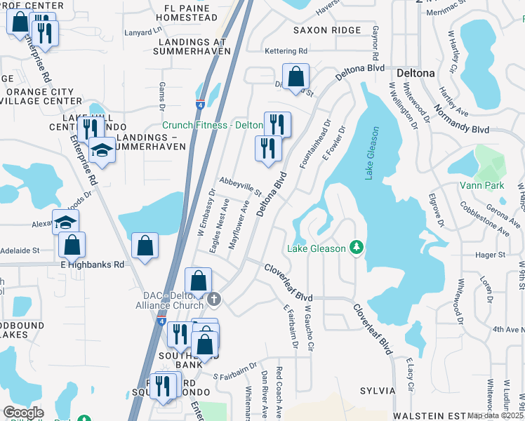map of restaurants, bars, coffee shops, grocery stores, and more near 1115 Deltona Boulevard in Deltona