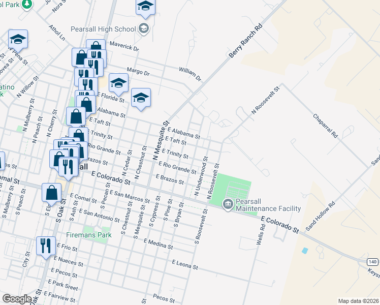 map of restaurants, bars, coffee shops, grocery stores, and more near 1121 East Trinity Street in Pearsall
