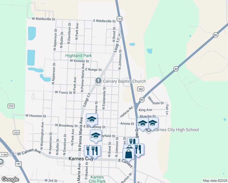 map of restaurants, bars, coffee shops, grocery stores, and more near 905 North Johnson Street in Karnes City