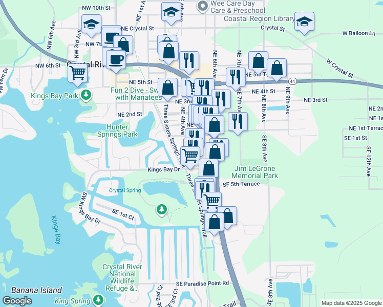 map of restaurants, bars, coffee shops, grocery stores, and more near 423 Southeast Kings Bay Drive in Crystal River