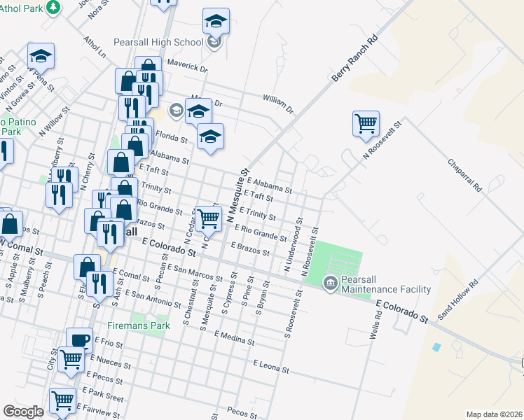 map of restaurants, bars, coffee shops, grocery stores, and more near 1121 East Trinity Street in Pearsall