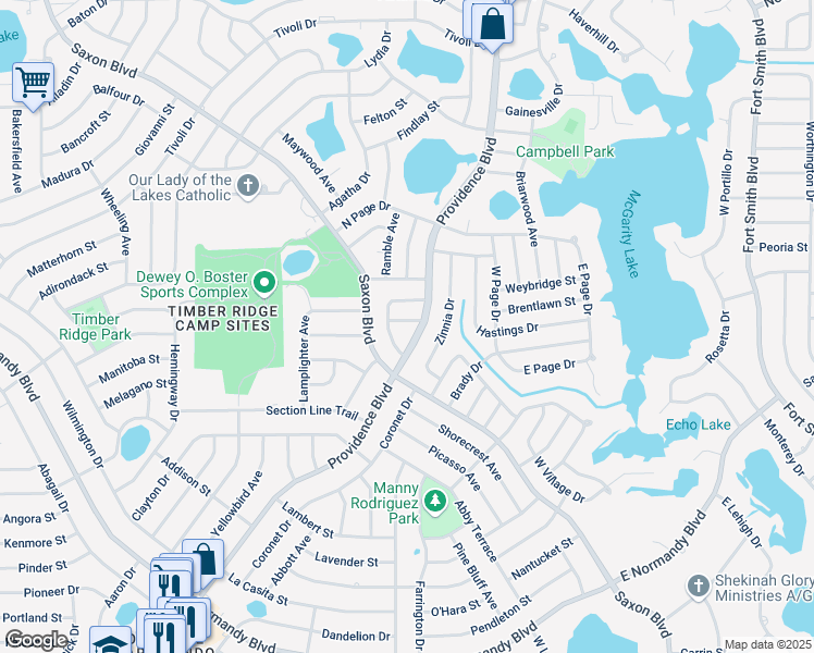map of restaurants, bars, coffee shops, grocery stores, and more near 1525 Providence Boulevard in Deltona