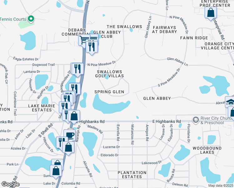 map of restaurants, bars, coffee shops, grocery stores, and more near 58 Spring Glen Drive in DeBary