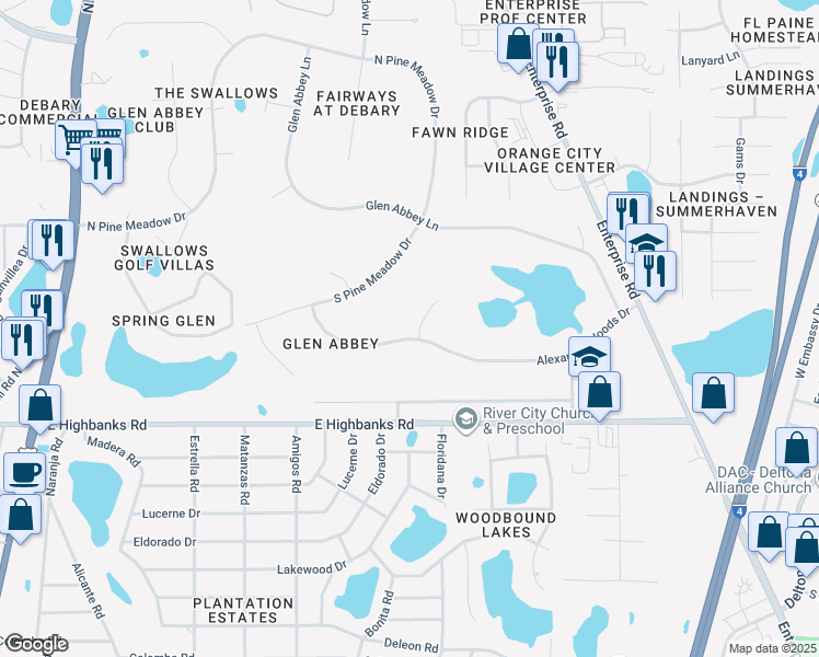 map of restaurants, bars, coffee shops, grocery stores, and more near 100 James Pond Court in DeBary