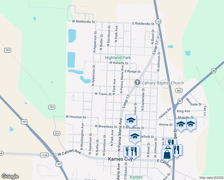 map of restaurants, bars, coffee shops, grocery stores, and more near 804 North Davidson Street in Karnes City