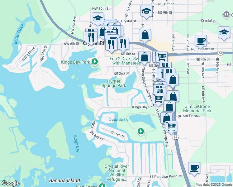 map of restaurants, bars, coffee shops, grocery stores, and more near 131 Beach Lane in Crystal River