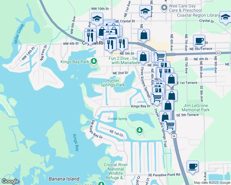 map of restaurants, bars, coffee shops, grocery stores, and more near 131 Beach Lane in Crystal River