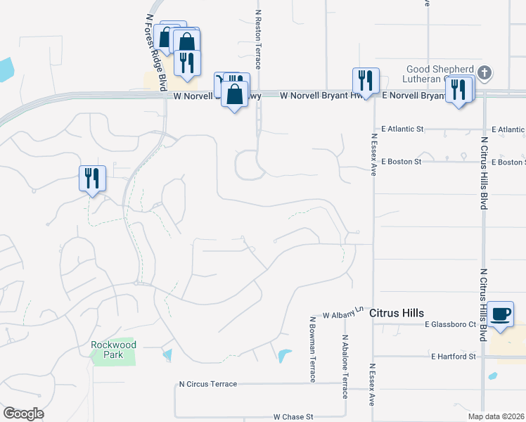 map of restaurants, bars, coffee shops, grocery stores, and more near 427 West Doerr Path in Hernando
