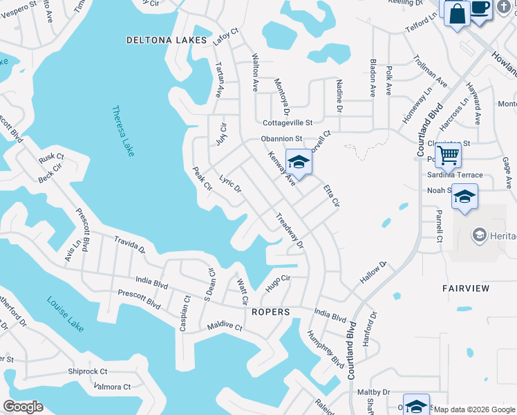 map of restaurants, bars, coffee shops, grocery stores, and more near 1089 Lyric Drive in Deltona