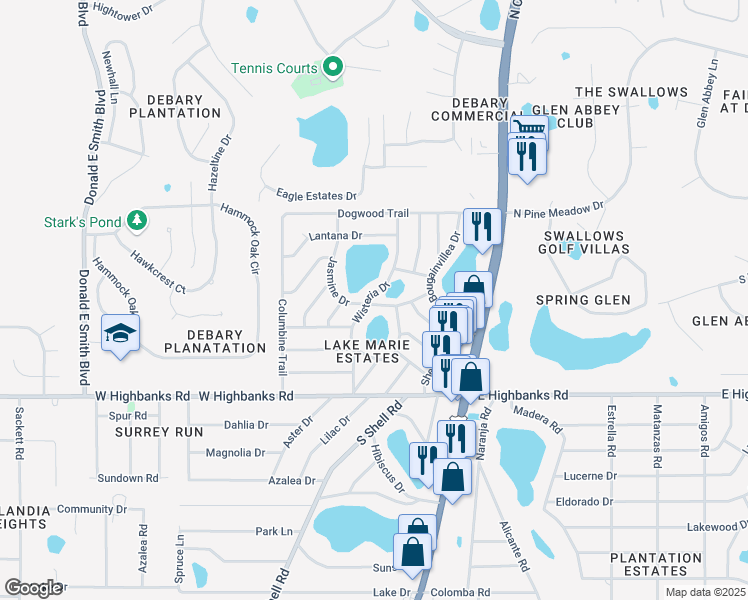 map of restaurants, bars, coffee shops, grocery stores, and more near 24 Jasmine Drive in DeBary