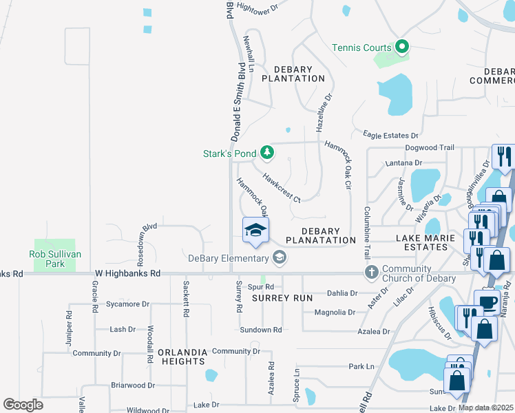 map of restaurants, bars, coffee shops, grocery stores, and more near 357 Hammock Oak Circle in DeBary