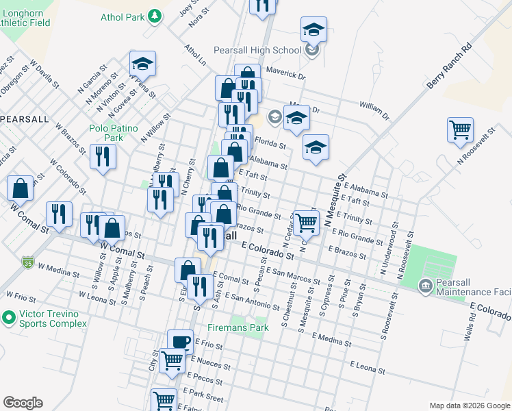 map of restaurants, bars, coffee shops, grocery stores, and more near 404 East Trinity Street in Pearsall