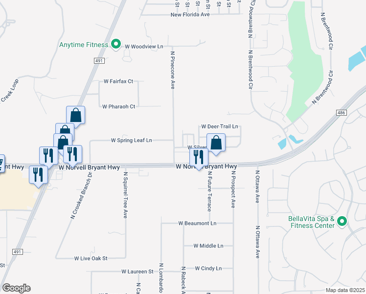 map of restaurants, bars, coffee shops, grocery stores, and more near 2131 North Pinecone Avenue in Lecanto