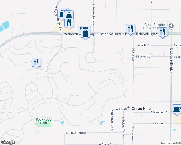 map of restaurants, bars, coffee shops, grocery stores, and more near 427 West Doerr Path in Hernando