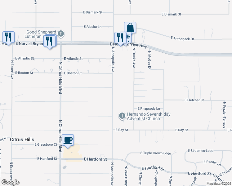 map of restaurants, bars, coffee shops, grocery stores, and more near 2127 North Annapolis Avenue in Hernando
