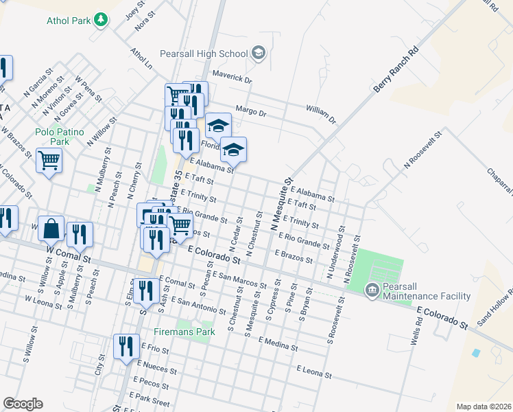 map of restaurants, bars, coffee shops, grocery stores, and more near 811 East Taft Street in Pearsall