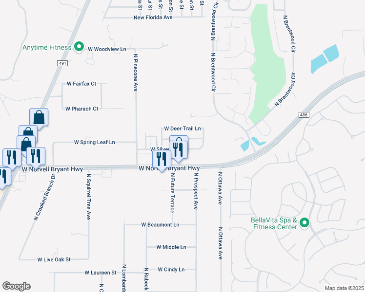map of restaurants, bars, coffee shops, grocery stores, and more near 2131 West Silver Hill Lane in Lecanto