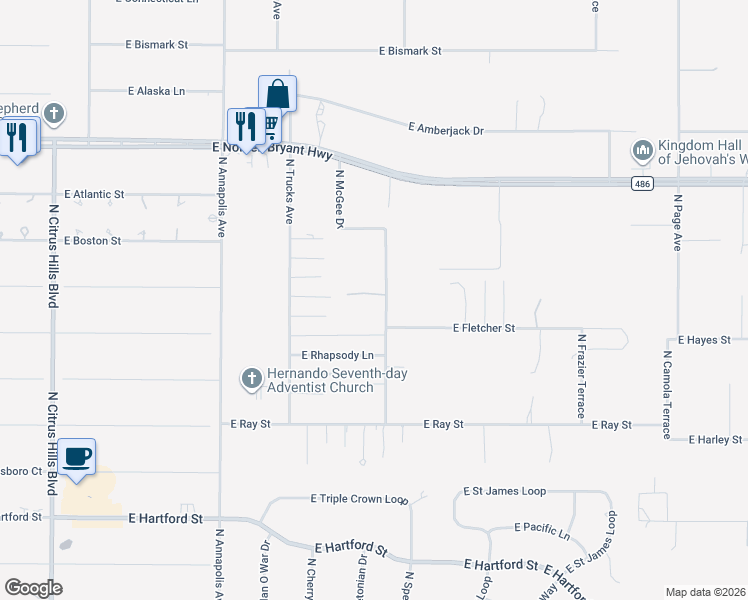 map of restaurants, bars, coffee shops, grocery stores, and more near 2100 North McGee Drive in Hernando