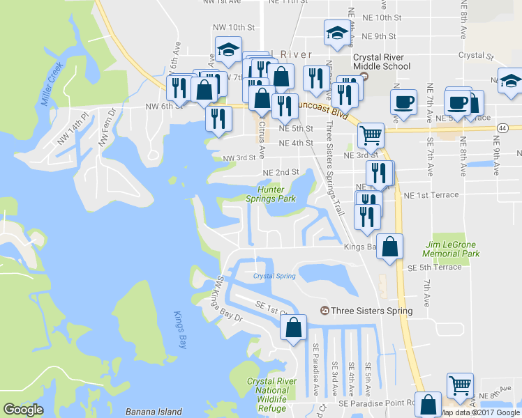 map of restaurants, bars, coffee shops, grocery stores, and more near 41 Beach Lane in Crystal River