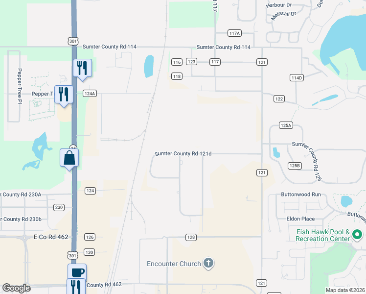map of restaurants, bars, coffee shops, grocery stores, and more near 4580 County Road 121D in Wildwood