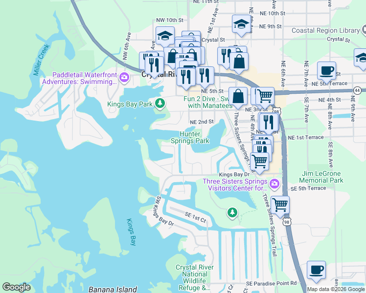map of restaurants, bars, coffee shops, grocery stores, and more near 41 Beach Lane in Crystal River