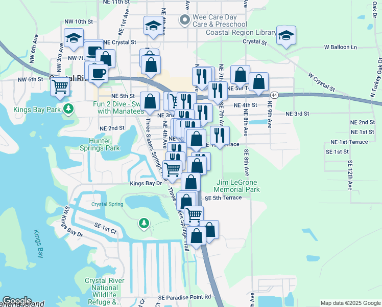 map of restaurants, bars, coffee shops, grocery stores, and more near 144 Southeast US Highway 19 in Crystal River