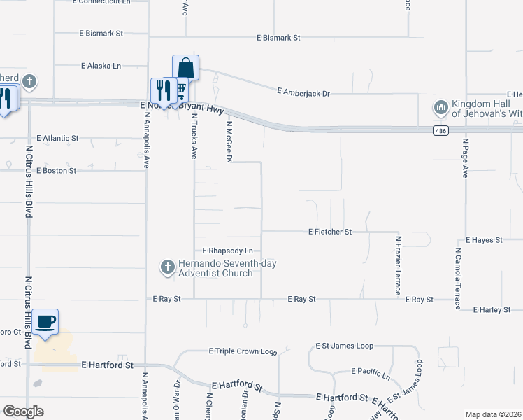 map of restaurants, bars, coffee shops, grocery stores, and more near 2100 North McGee Drive in Hernando