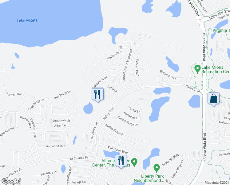 map of restaurants, bars, coffee shops, grocery stores, and more near 1618 Latta Court in The Villages