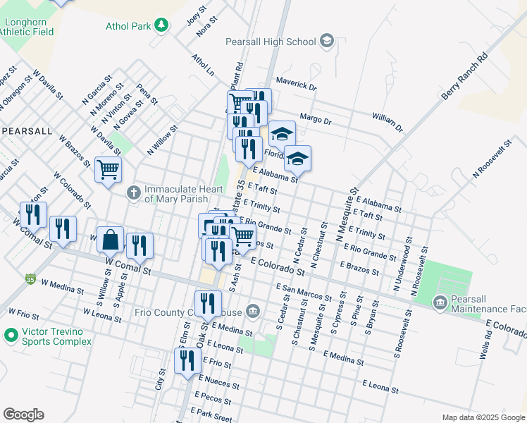 map of restaurants, bars, coffee shops, grocery stores, and more near 404 East Trinity Street in Pearsall