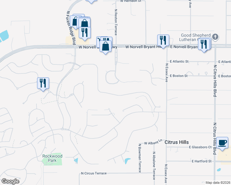map of restaurants, bars, coffee shops, grocery stores, and more near 427 West Doerr Path in Hernando